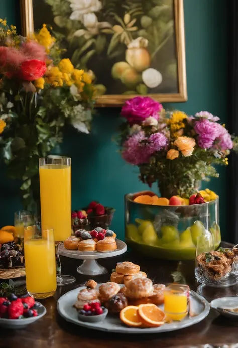 A chic and stylish brunch spread with colorful mimosa cocktails and gourmet pastries,original,Tall and slime man
, male