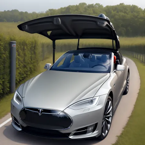 Ein Tesla Model s Cabrio wird wie eine Kutsche von einen Esel gezogen und der Kutscher sitzt auf der Motorhaube