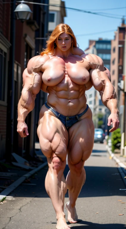 A HD 4K Photo of a beautiful, huge, enormous, buff, giant, ginger, Female bodybuilder, muscle goddess, huge arms and huge legs, naked big boobs, enormous muscles, big beautiful eyes, long hair, walking barefoot down a destroyed street in a destroyed burnin...