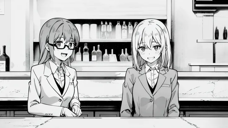 eye glasses、two girls at the bar、Looks fun、Dressed in a suit、Laugh、monotone