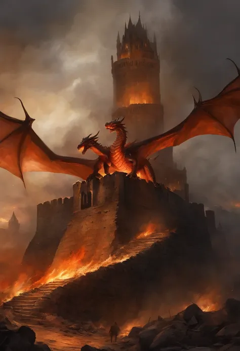 Watercolor painting of dragon coiled around huge castle tower, fire everywhere, The walls are in ruins, its night time, On the ground, Hundreds of pieces of armor piled high with charred flags, Despite the huge size of the building，But the dragon wreaks im...