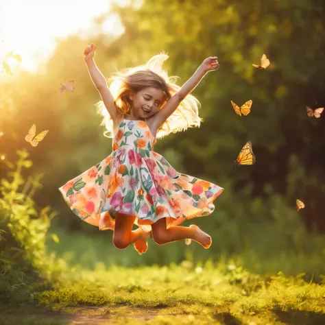 Arafed girl jumping in the air with butterflies flying around her., muchacha saltando en un campo de flores, happy girl, Jumping for joy, Girl dancing in a field of flowers, extendiendo sus alas, happy kid, Pure joy, Mariposas y rayos de sol, Radiant morni...