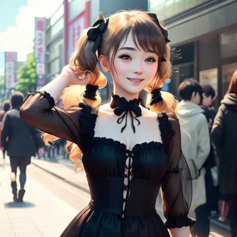 Gothic Lolita Upturned Twintails (Realistic:1.3), Finely detailed, quality, Rembrandt lighting, (masutepiece:1.2), (Photorealistic:1.2), (Best Quality), (Detailed skin:1.3), (Intricate details), Dramatic, Ray tracing, 1girl in, japanaese girl, 21 years old...