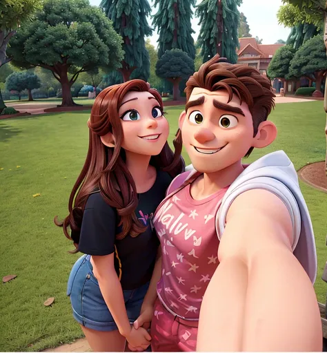 there is a man and woman taking a selfie in a park, couple, in love selfie, selfie shot straight on angle, with her long, at a park, lovely couple, happy couple, couple pose, selfie photo, tyler edlin and natasha tan, in a park, help me, 2 8 years old, at ...