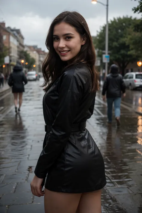 30 year old woman, with a young appearance, in the square (alone) singing, with an expression of joy (smiling), while it rains, ...