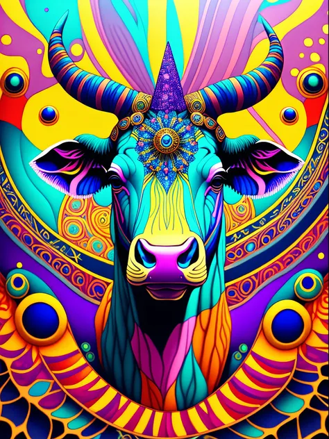 "Cow in a psychedelic and surreal world, ultra-detailed, with vibrant colors and lighting effects, creating a masterpiece with 8k and 4k resolution.Cow is depicted with intricate details, merging with the surroundings seamlessly. The artwork showcases Cow ...