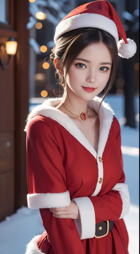 (Aesthetic, High Resolution: 1.2), full-body portrait of a beautiful 20-year-old woman wearing an intricately detailed red boby Santa Claus costume, symmetrical costume structure, bright clear eyes, happy smile, changing hairstyle, falling snow, snow in ha...