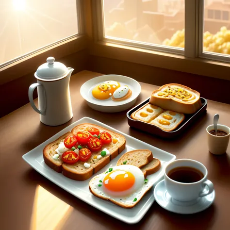 rich breakfast with eggs and toast and tomato and milk tea , Pixar style , golden hours light,warmcolors