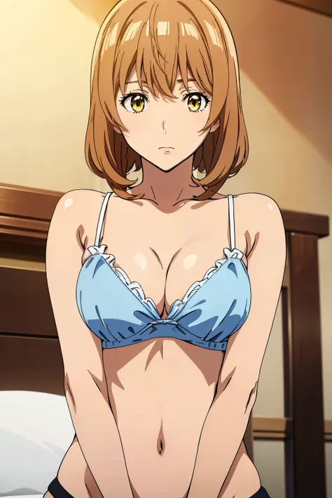 (Best Quality, masutepiece, High resolution, anime screen cap, anime colours), Brown hair, Yellow eyes, Yuriko Aoki, Embarrassed look, (Medium chest:1.5), cleavage of the breast, (Thin fabric, white camisole:1.8, no-bra:1.5), Slimed, Hands should be placed...