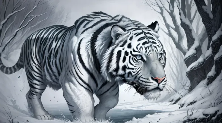 (absurdres:1.2), exquisitely detailed siberian tiger, impressionistic style, black and white, pastel prismatic tetradic colors