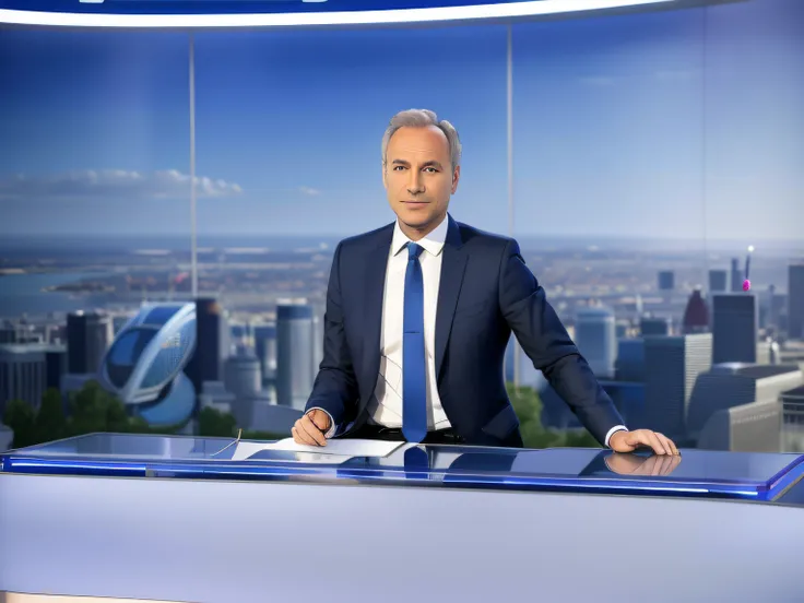 arafed man in a suit and tie sitting at a desk with a city in the background, tf 1, bfmtv, philippe dru, cedric peyranavernay, v...