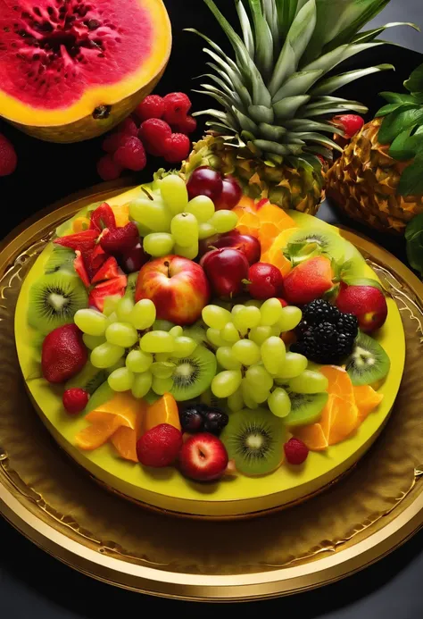 An image of a colorful fruit salad arranged in a fancy dish, with the Nvidia GPU placed in the center as a decorative element, (computer chip in center:1.2),original,Jensen Huang, Male