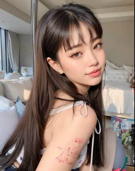 there is a woman with a tattoo on her arm posing for a picture, Lalisa Manobal, dilraba dilmurat, Ulzzang, Jaeyeon Nam, jennie blackpink, Lalisa Manoban do Blackpink, Dom Yunjoo, O corte Hime, Franja reta longa, com franja, Ela tem cabelo preto com franja,...