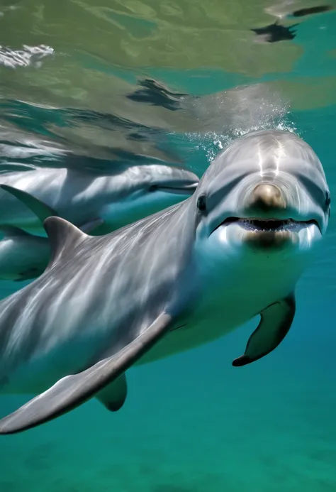 ButterflyEffect capturing a stunning shot of a group of dolphins swimming gracefully in the crystal clear waters,original,ButterflyEffect has long hair and wire rim glasses. He has a hook nose and bright green eyes., male