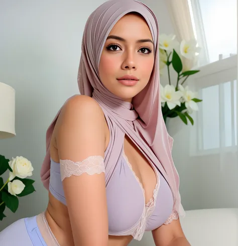 beautifull hand, perfect hand, realistic hand, malay girl wearing hijab, 48 Years Old beautiful woman. ((lace bra and panties)),(bigger boobs),((look down at the camera and open mounth open mounth open mounth))., Emphasize ass, biggerchest, big Nipple, de ...