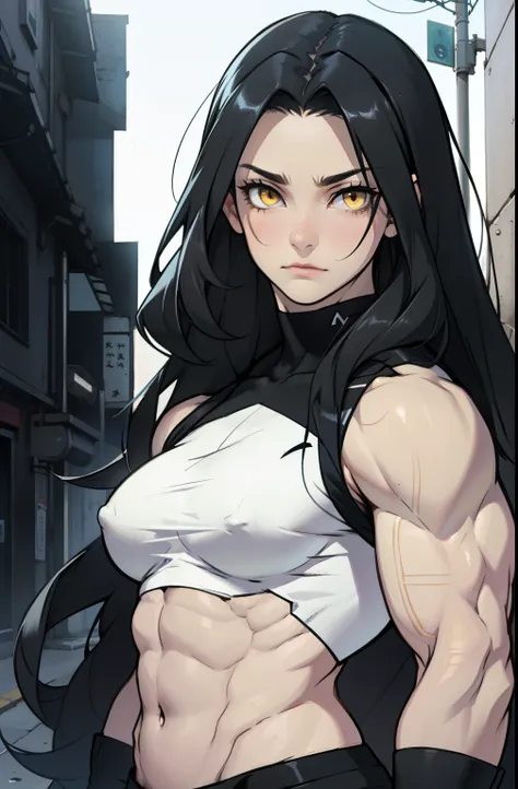 ((1 girl)) sad girl very long hair pale skin black hair yellow eyes ((((muscular))))