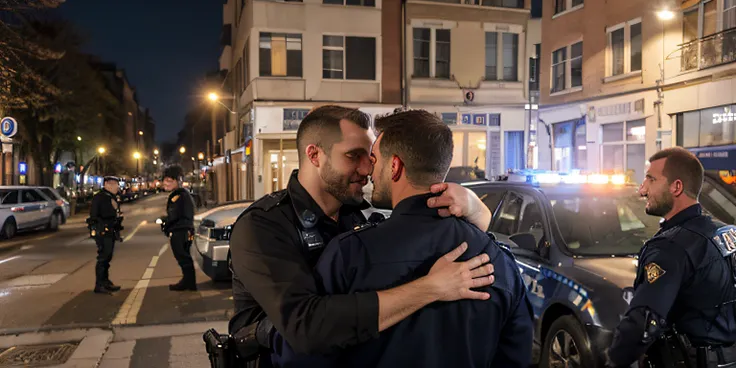 there are two police officers standing on the street, two men hugging, police, by Raphaël Collin, by Etienne Delessert, amazingly composed image, by Joseph-Marie Vien, by Romain brook, by Bernard D’Andrea, in the background, denis velleneuve, police shot, ...