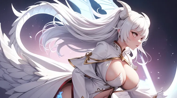 1girl, dragon girl, big breasts, white hair, white dragon horns, white eyes, white tail, dragon white wings, furious, detailed white lingerie, White clothes, front view, backlight background, full body.