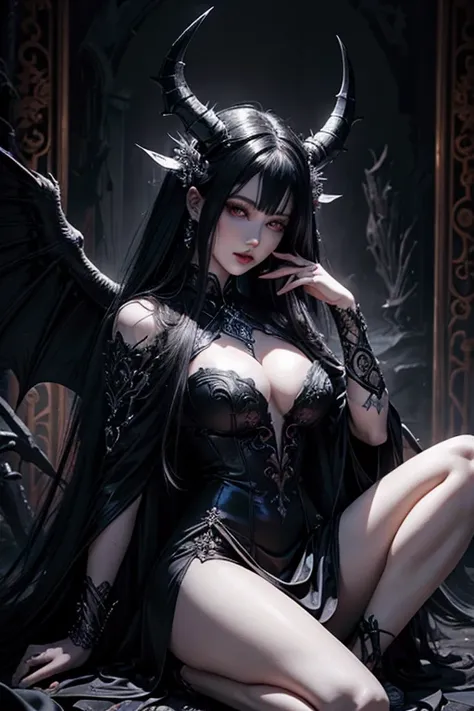 a close up of pale gothic woman, beautifull alluring woman, a darkness goddess, beautifull goddes, black haired deity, demon wings, demon horns, a very seductive black dress, smooth anime cg art, full body xianxia