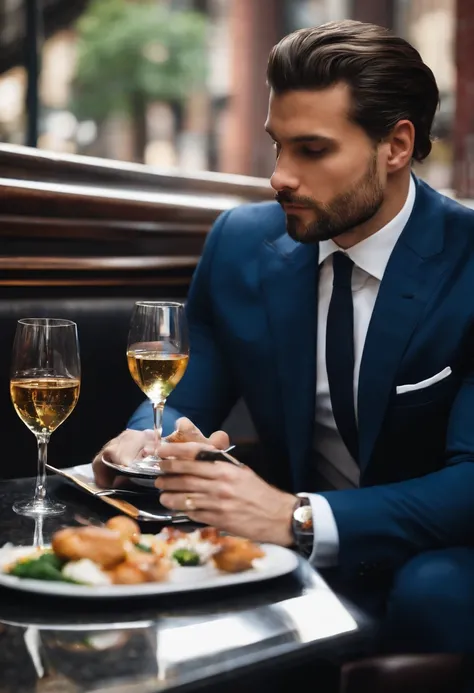 A photo of Finance Bro enjoying a lavish lunch at a Michelin-starred restaurant in Manhattan,original,30 years old, masculine, near comb over hair, wears a navy suit with a tie, walks around New York City , male