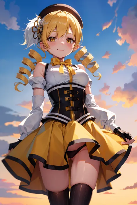 masutepiece, Best Quality, 1girl in, (Mami Tomoe), Blonde hair, Drill Hair, twin drills, (Yellow eyes:1.2), Brown gloves, corsets, Detached sleeves, Fingerless gloves, Smile, hat, magical little girl, Puffy sleeves, striped thigh, Yellow skirt, coverd nipp...