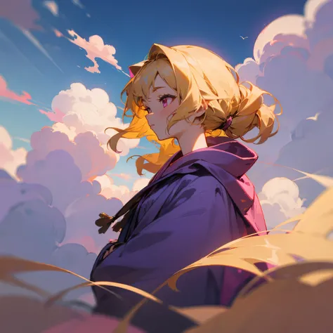 Lavender Robes , Blonde Hair , Pink eyes , wavy hair tied back into a pony tail , shaggy hair , 1female  , cloudy background , floating in sky , beautiful, perfect generation , intricate detail