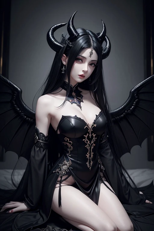 a close up of pale gothic woman, beautifull alluring woman, a darkness goddess, beautifull goddes, black haired deity, demon wings, demon horns, a very seductive black dress, smooth anime cg art, full body xianxia