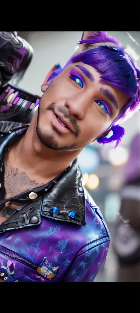 a cute guy with purple and blue hair, streaked hair, short hairstyle, wearing googles and a leather jacket, colorful tattoos, detailed accessories, ([cat tail and ears]:1.3), (intricate details), hdr, (intricate details, hyperdetailed:1.2), cinematic shot,...