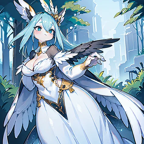 The anthropomorphic figure is a female of a species of bird with elegant features. Its plumage is soft and silky, presenting shades of blue and white that blend harmoniously. Their wing feathers spread majestically, suggesting an impressive wingspan.

Her ...