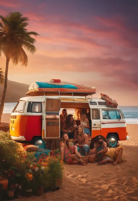 A photo of the character and a group of friends enjoying a wake and bake session in a cozy and colorful VW camper van, parked by the beach.,original,long hair, scruffy dressed, always has a bong in hand, male