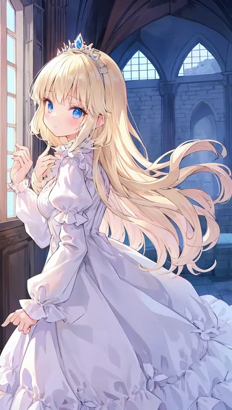 beautiful illustration, best quality, cute girl, indoor, (princess), white dress, tiara, (petite), blond long hair, from side, castle, cowboy shot