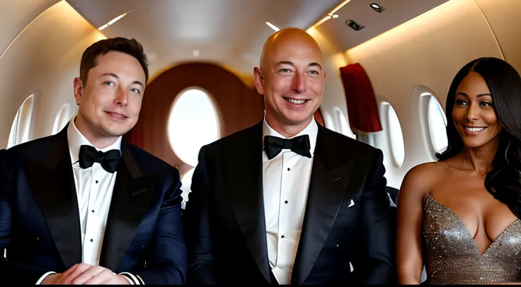 Elon Musk and Jeff Bezos are inside a private jet, inside the private jet there are many beautiful women dressed elegantly, Elon Musk and Jeff Bezos are next to those beautiful women