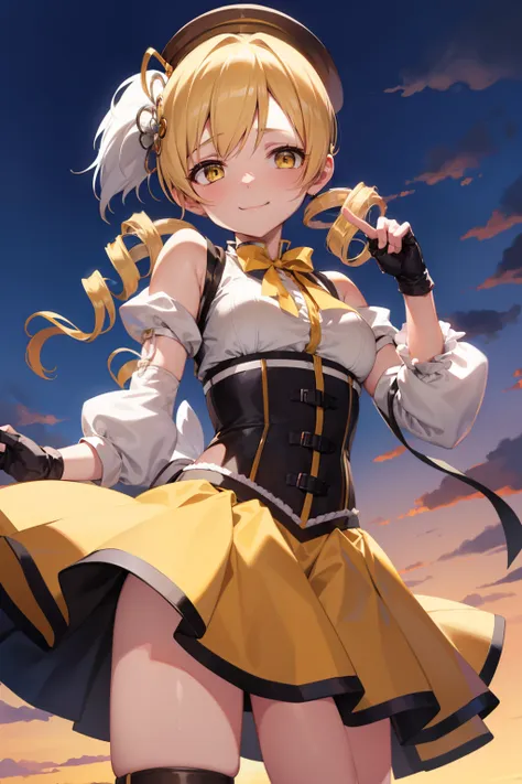 masutepiece, best quality, 1girl in, (mami tomoe), blonde hair, drill hair, twin drills, (yellow eyes:1.2), brown gloves, corset...