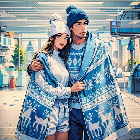 2d cartoon, couple, blue and white clothes, best face, flat art:1.4, illustrations, best image, best eyes, best anatomy, high qu...