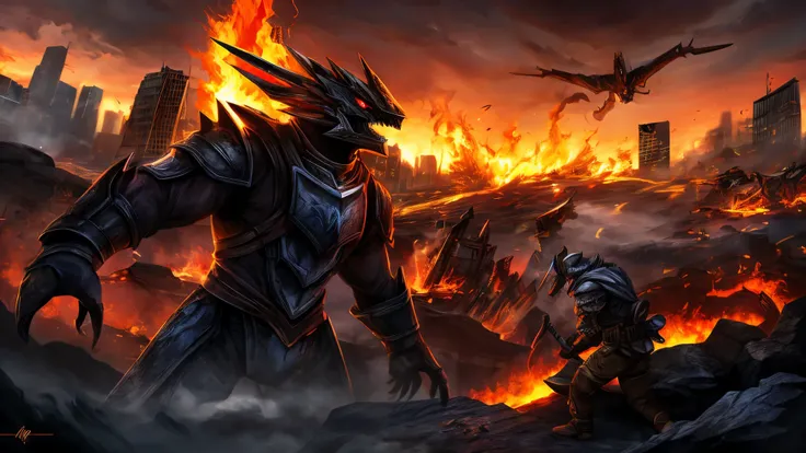 Photo of a female hero in shining armor, Fight giant monsters made of thick black smoke, Set in a cityscape with fiery buildings, Some collapsed, And the sky was filled with thick smoke. Stabbing the Monster