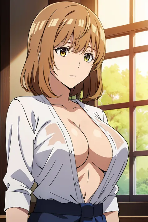 (Best Quality, masutepiece, High resolution, anime screen cap, anime colours), Brown hair, Yellow eyes, Yuriko Aoki, Embarrassed look, (large full breasts:1.5), cleavage of the breast, (Thin fabric, White shirts for men:1.8, no-bra:1.5), Slimed, squeezing ...