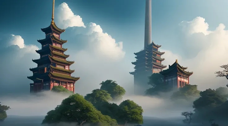 Heaven is filled with rain and fog, Towering buildings, Fantasy world, ​​clouds, a tower surrounded by illusion, The back view of Xianfeng Daogu, Exotic beasts, Cinematic, Intricate and ultra-detailed, (Super detailed CG unity 8K wallpaper), Shoot from bel...