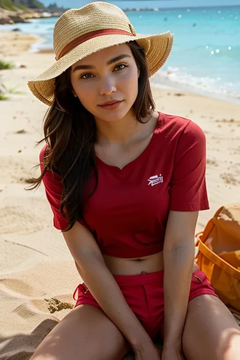 The image features a beautiful young woman sitting on a sandy beach, wearing a hat and a red shirt. She is posing for the camera, and her outfit includes a pair of blue shorts. The beach setting and her attire create a relaxed and summery atmosphere.