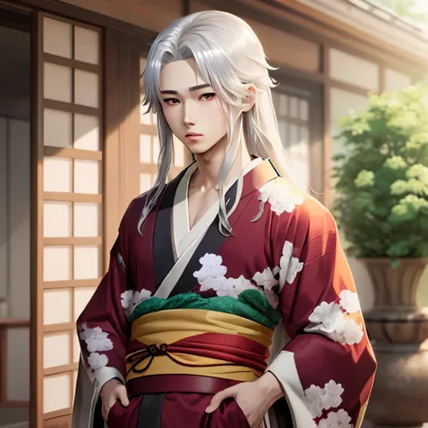 anime boy long silver hair red eyes kimono outfit