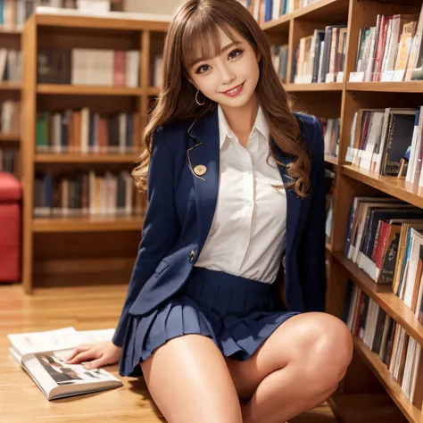 ((top-quality、masutepiece、8K、Top image quality))、Highly saturated、1 schoolgirl、((navy uniform blazer、Uniform Shirt、Red ribbons、navy pleats skirt))、The happiest smile、View me、waved hair、Being in the library、Bookshelf in background、cozy library、lipsticks、Per...