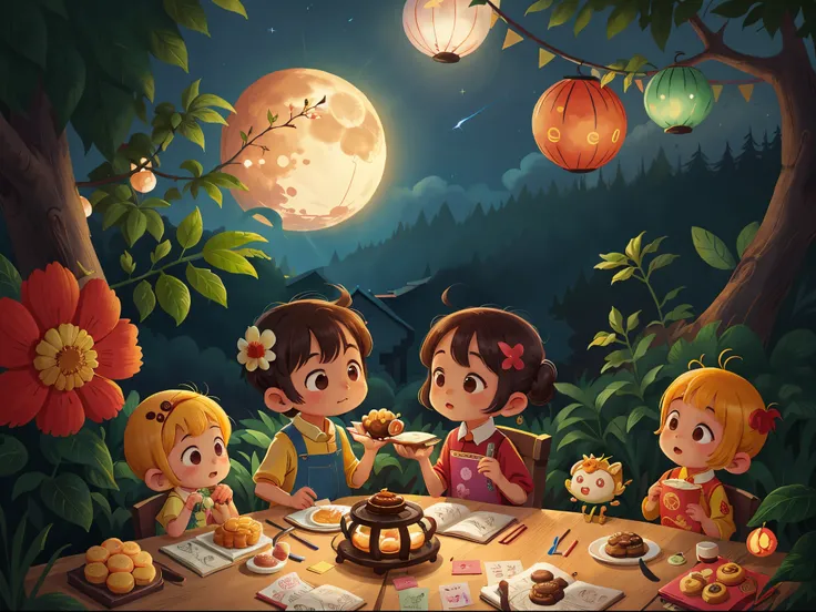 Mid-Autumn Festival poster，children eat mooncakes，reunion