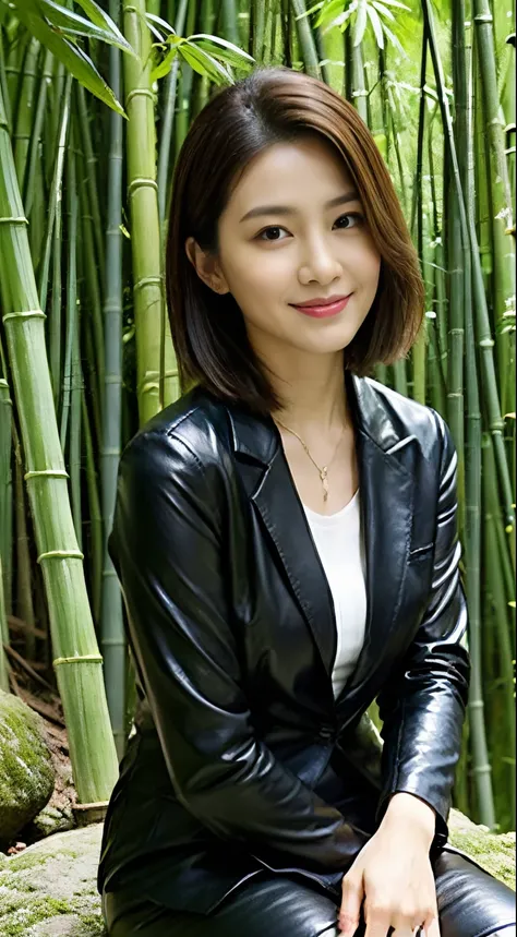 The highest image quality、超高分辨率、1 rapariga，Short hair details、exquisite and beautiful face、Wearing a leather long-sleeved robot suit、Sitting on a large rock in a bamboo forest