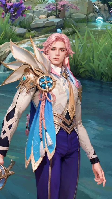 Best quality, masterpiece, detailed skin texture, detailed clothes texture, detailed face, super detail, 8k, intricate detail, 1 boy, The color doesnt change, Muscle guy, 1 guy, pink hair