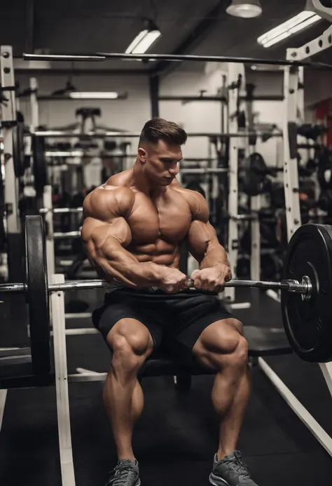 An image of Gym rat doing a heavy bench press with the gym crowded in the background.,original,He looks russian with big musclea. Very ripped. Zero fat. , male