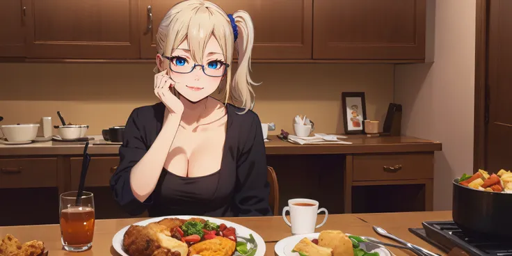 anatomically correct, best quality, masterpiece, high quality, high details, highres, HD, (shaded face:1.2), hollow eyes, dark-blue eyes, looking at viewer, seductive smile, glasses, lips, aihayasakav4, blonde hair, side ponytail, scrunchie, solo, 1girl, l...