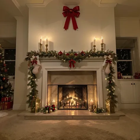 masterpiece, best_quality, christmas, christmas tree, presents, fire place, decorations, joyful, chirstmas tree with presents, warm, bells, christmas lights, wreath