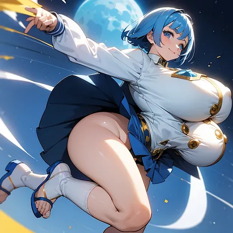 masterpiece, best quality, 1girl. Anime. blue hair, white bangs, blue eyes, big boobs, curvaceous, sweet expression, smiling, short hair, blue shirt and skirt, jacket with moon patterns, gold buttons running down the middle of her shirt, white sandals, blu...