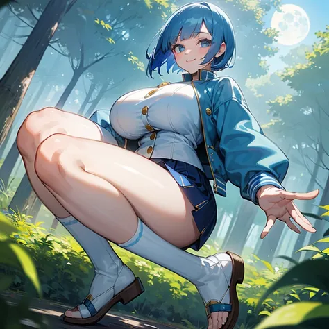 masterpiece, best quality, 1girl. Anime. blue hair, white bangs, blue eyes, big boobs, curvaceous, sweet expression, smiling, short hair, blue shirt and skirt, jacket with moon patterns, gold buttons running down the middle of her shirt, white sandals, blu...