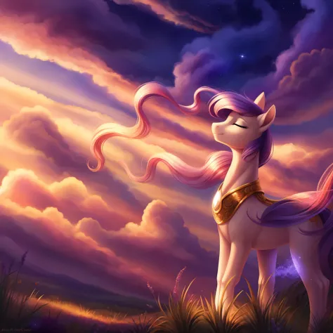 Princess Luna enjoying sunset and wind, field, closed eyes, distant gaze, pony, side view, peaceful, serene, elegant, beautiful, magical colors, flowing mane, regal, graceful, celestial, ethereal lighting, twilight sky, soft golden light, gentle breeze, fl...