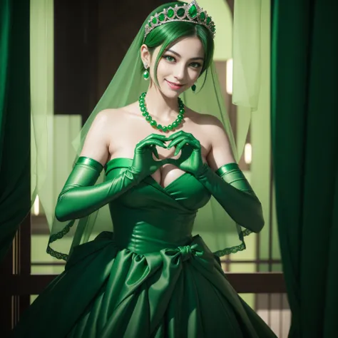 emerald tiara, Green Pearl Necklace, Boyish very short green hair, lipsticks, Japan woman smiling, very short short hair,  big breasts beautiful, Green eyes, Long green gloves made of satin material, Green eyes, Emerald Earrings, green vale, Heart with bot...